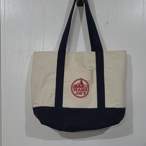 Trader Joes Cotton Navy & Red Tote Bag With Embroidered Logo New Without Tag